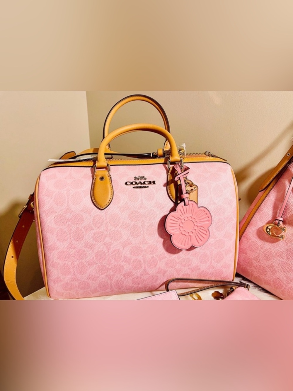 COACH Large Rowan Powder Pink Satchel with Tan Leather Trim & Floral Charm